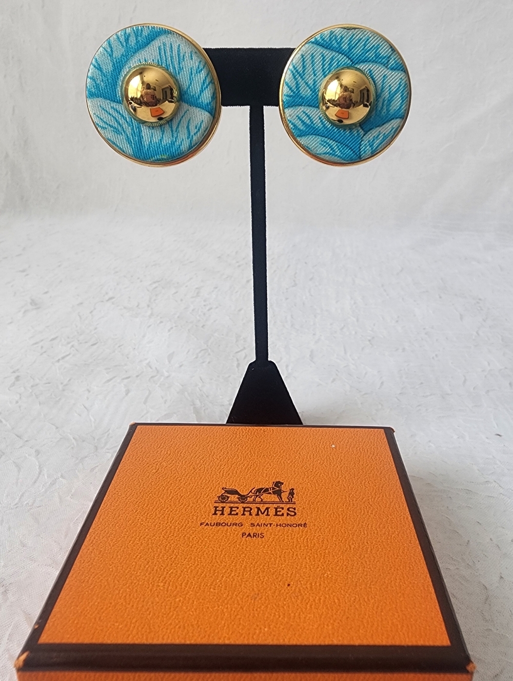 Auth Hermes Turquoise Blue Enamel and Gold Button Earrings